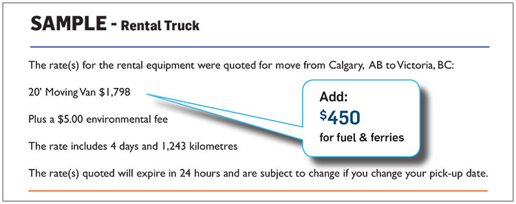 Sample of rental moving truck quote